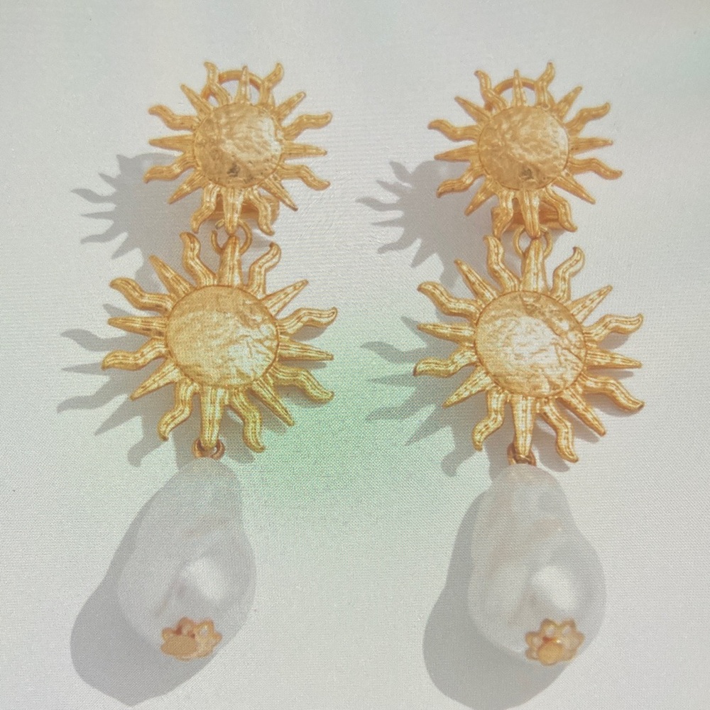 Radiant Gold Sunburst Earrings with Pearl Accent - Picture 3 of 4